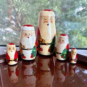 Vintage Santa Nesting Dolls Set of 6 Hand Painted Wooden Christmas